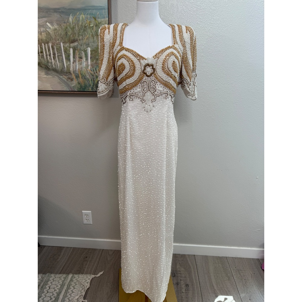 Vintage Jagswear 100% Pure Silk Beaded Pearl Evening Gown Open Back Dress Size L